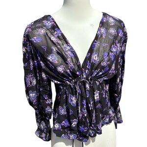 Ganni Floral Print Tie Front Blouse Size 10/12